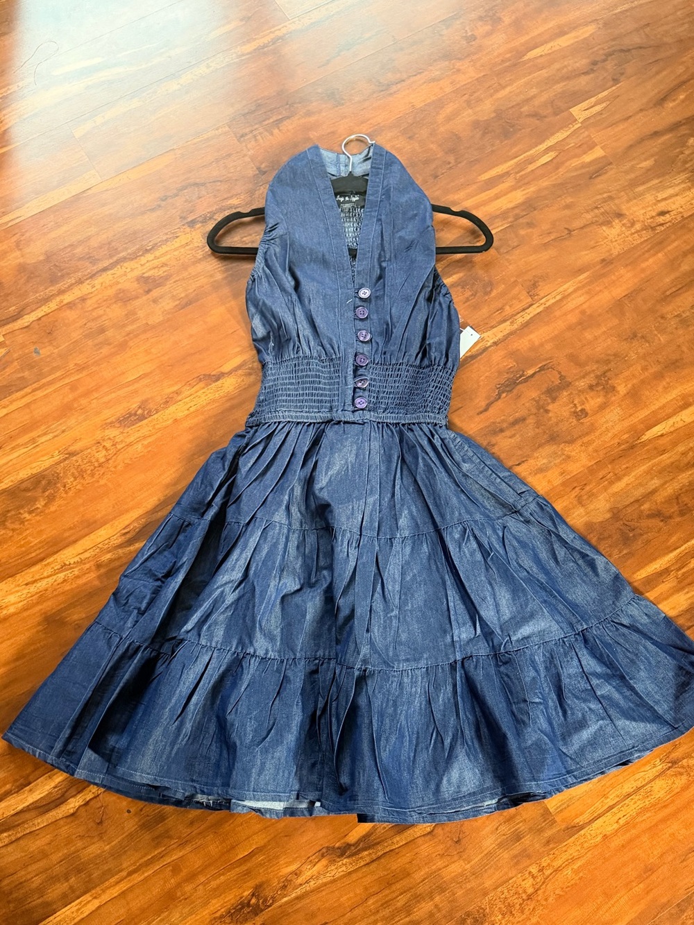 Denim Halter Fit-and-Flare Dress in Deep Blue